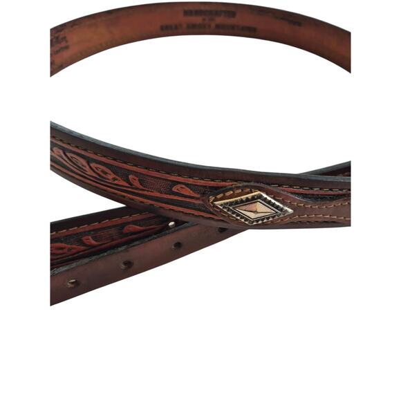 Handcrafted Real McCoy Western Leather Belt Brown Size 42 Tooled Silver USA - Picture 3 of 9